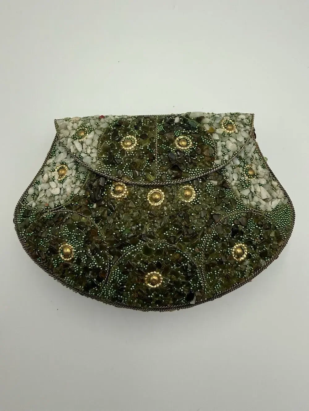 Vintage Mosaic Stone Hard Shell Evening Clutch Bag Green Quartz Beaded Purse